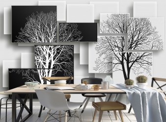 Черно-белые 3д фотообои в интерьере кухни, столовой